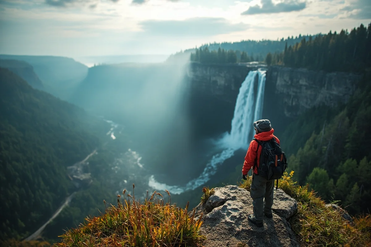 Solitary hiker standing at Lange Falls viewpoint enjoying the scenery alone