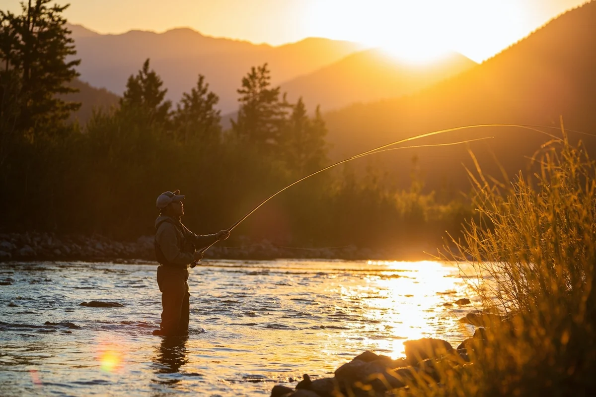 Solo angler casting fly line on the Gallatin River at golden hour
