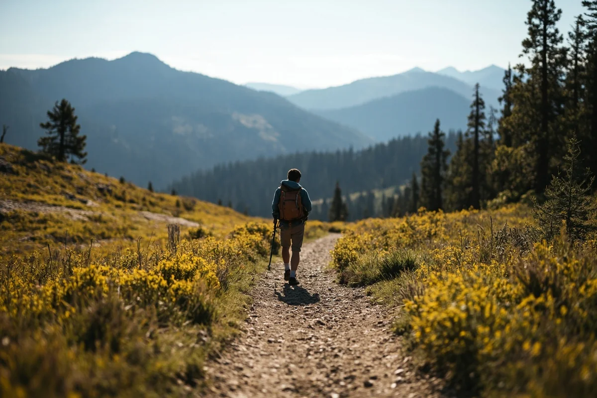Solo hiker on empty trail in Bob Marshall Wilderness with mountain backdrop