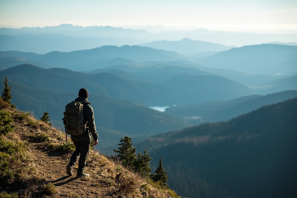 Solo hiker on Montana ridgeline with vast wilderness panorama extending to horizon