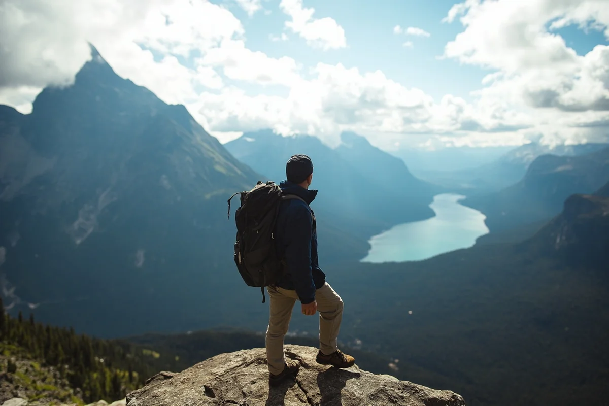 Solo hiker standing at overlook point in Glacier National Park with mountain vista behind them