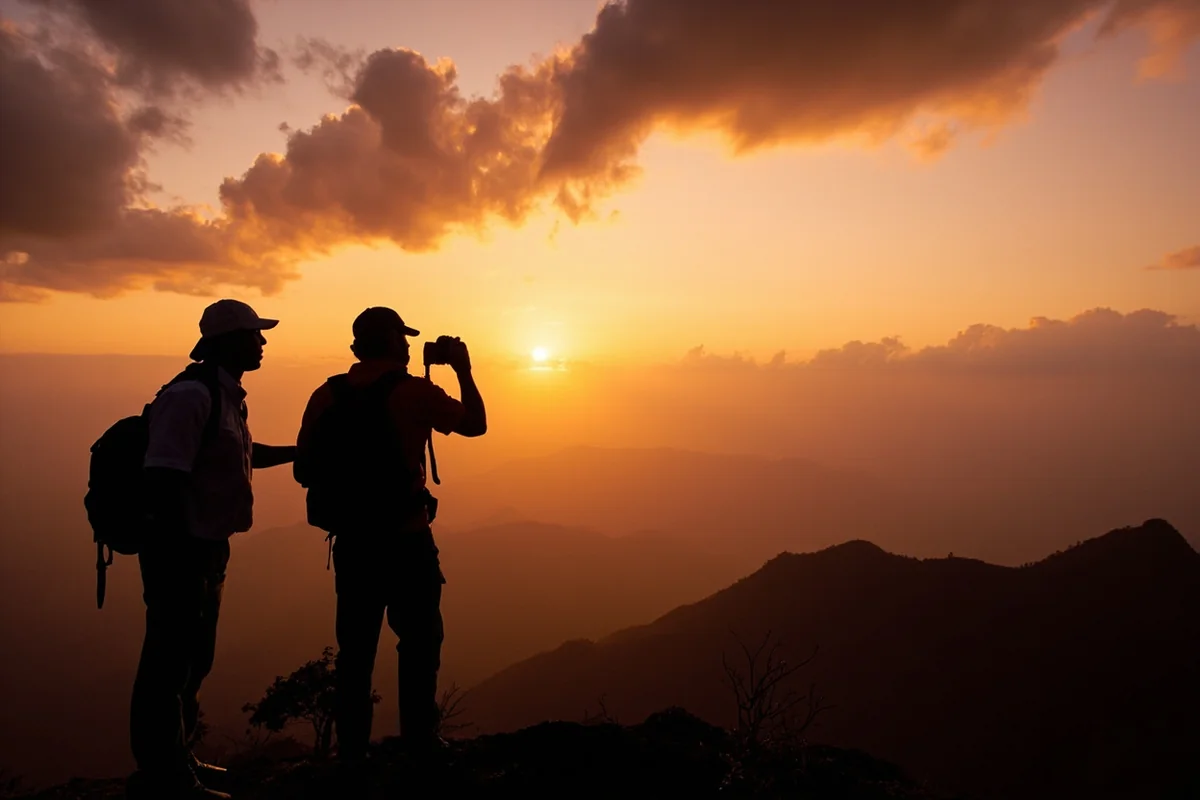 Solo traveler with guide looking over mountain vista at sunset, silhouetted against dramatic sky