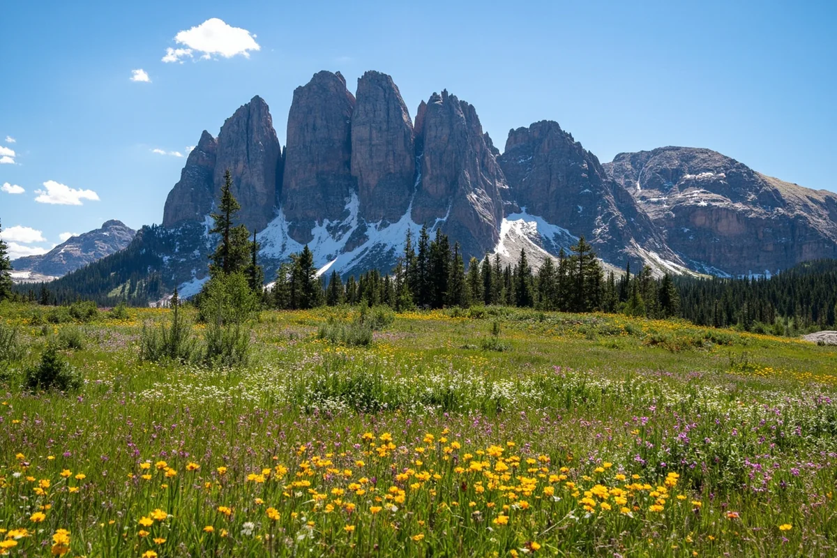 Spanish Peaks granite towers with alpine meadow and wildflowers in foreground