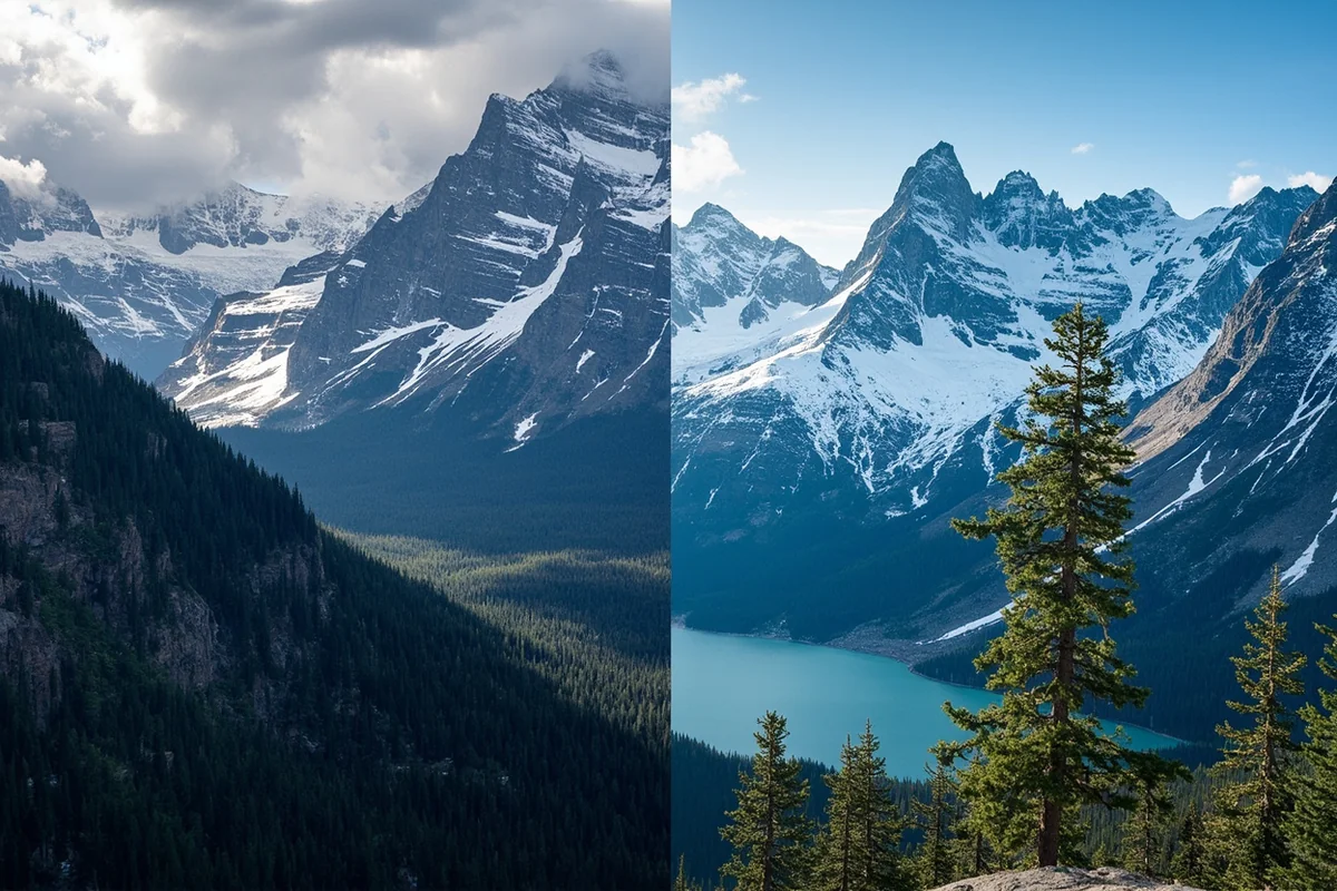 Split comparison showing Glacier National Park's dramatic peaks on one side and Rocky Mountain National Park on the other