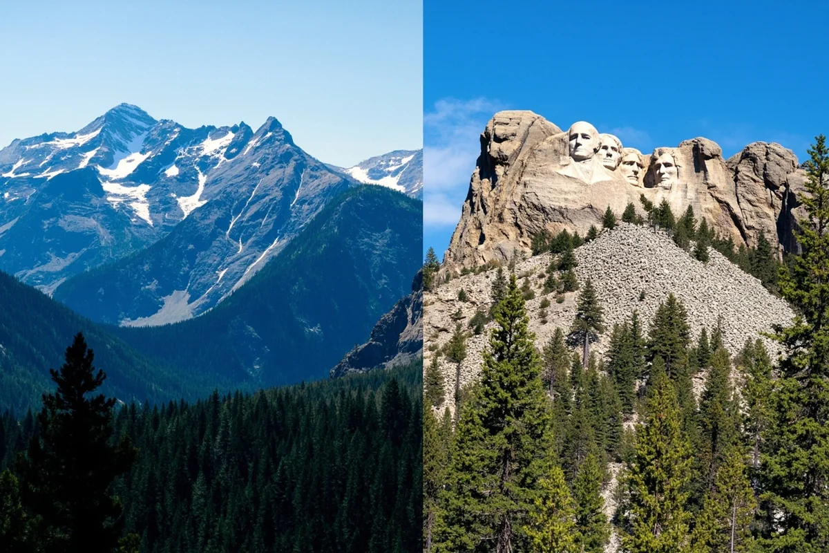 Split comparison showing Glacier National Park's mountain peaks on left and Mount Rushmore on right