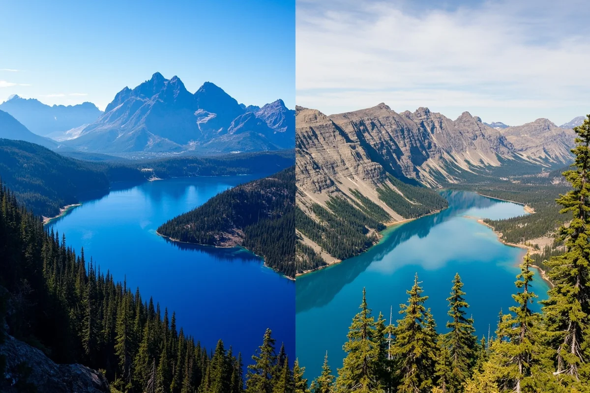 Split comparison showing Glacier National Park's mountain peaks on left and Oregon's Crater Lake on right