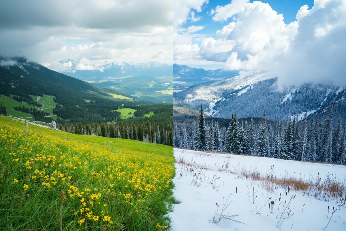 Split comparison showing Montana landscape in summer green versus winter snow