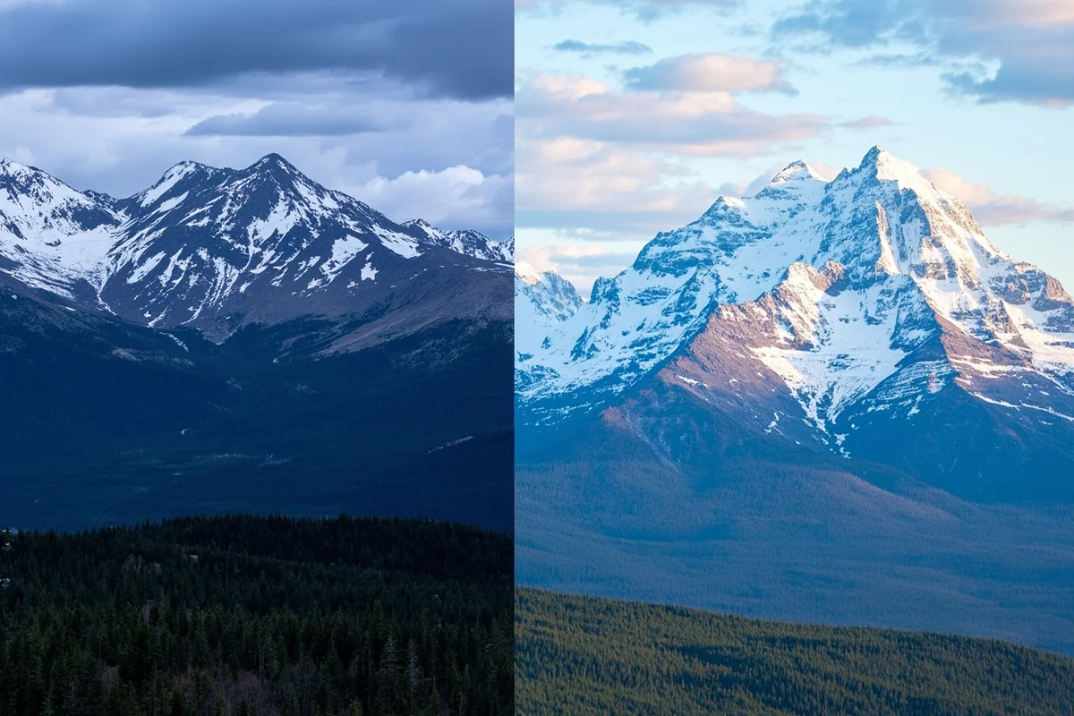 Split comparison showing Montana's Glacier National Park mountains on one side and Alaska's Denali on the other