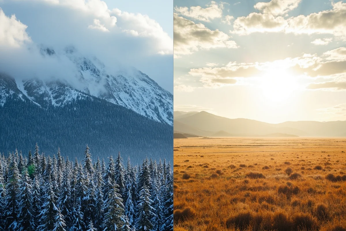 Split comparison showing snowy mountain forest in western Montana versus windswept prairie landscape in eastern Montana