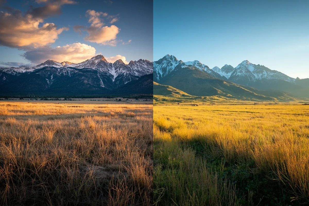 Split comparison showing Western Montana mountains versus Eastern Montana prairie landscape