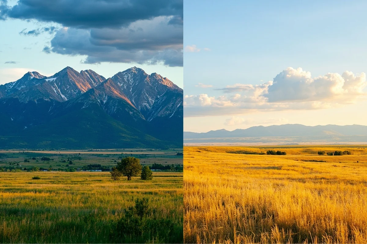 Split image comparing western Montana mountains with eastern Montana prairie landscape