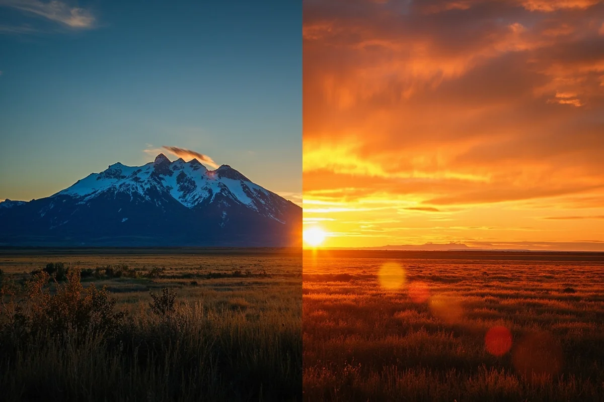 Split image showing Montana mountain peak on left, North Dakota prairie sunset on right
