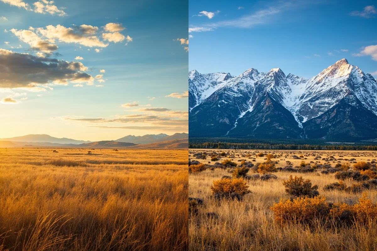 Split image showing Montana's eastern plains and western mountains, demonstrating landscape diversity