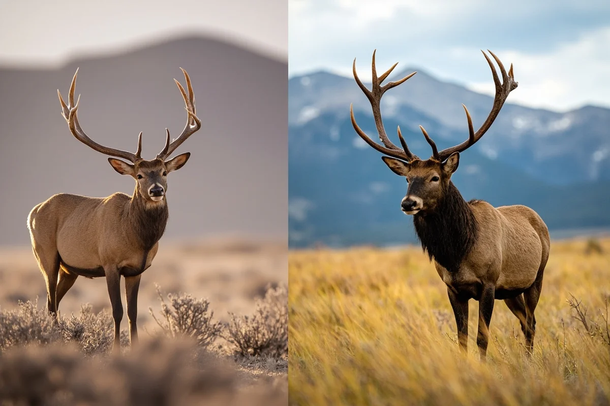 Split image showing mule deer buck in sagebrush and elk bull in mountain meadow