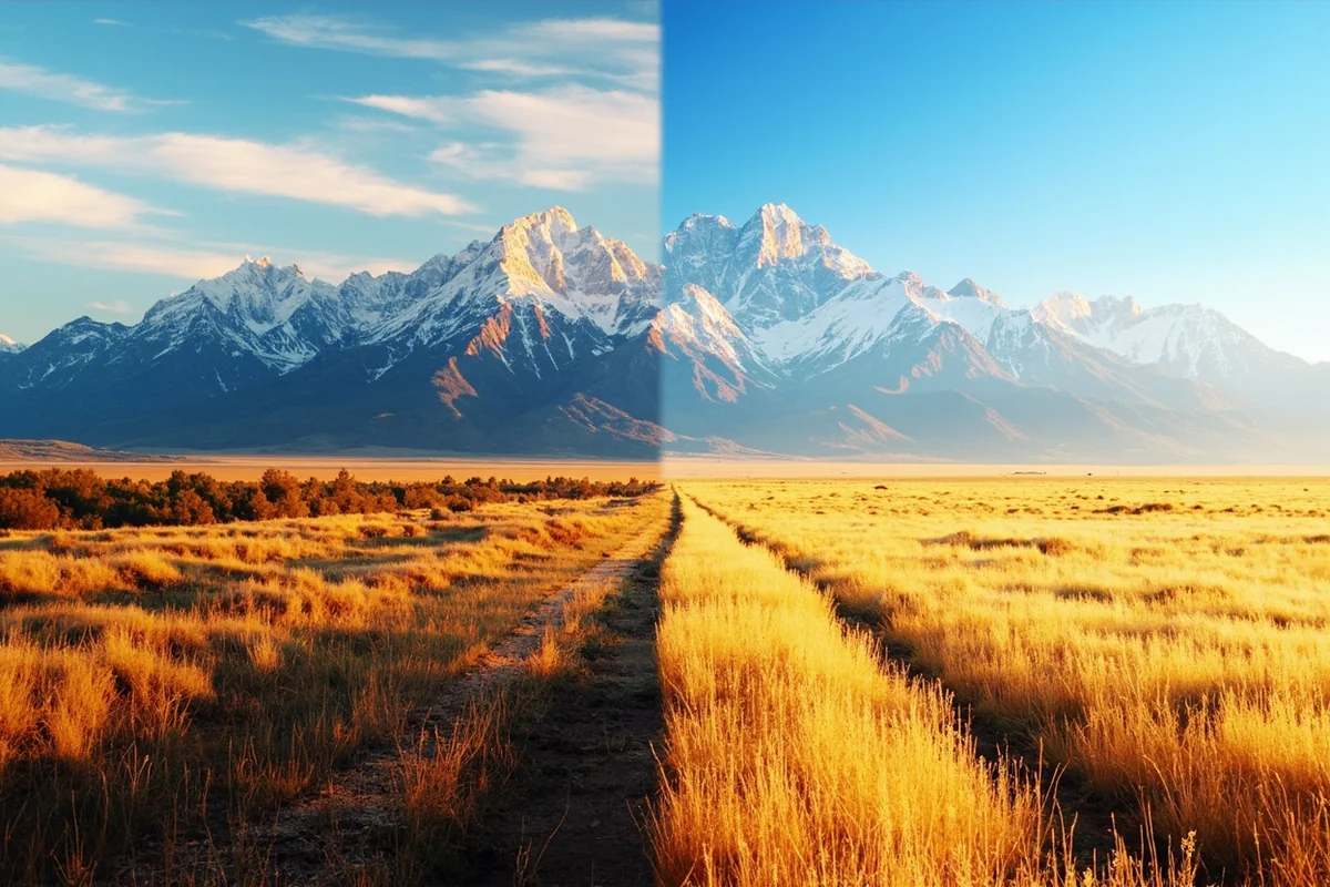 Split image showing Rocky Mountain peaks on left and Great Plains grasslands on right