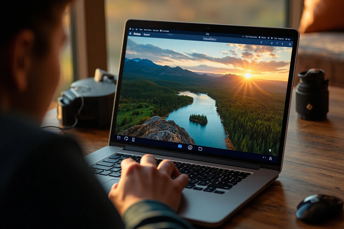 Split-screen showing a Montana webcam view alongside a person viewing it on a laptop while planning a trip