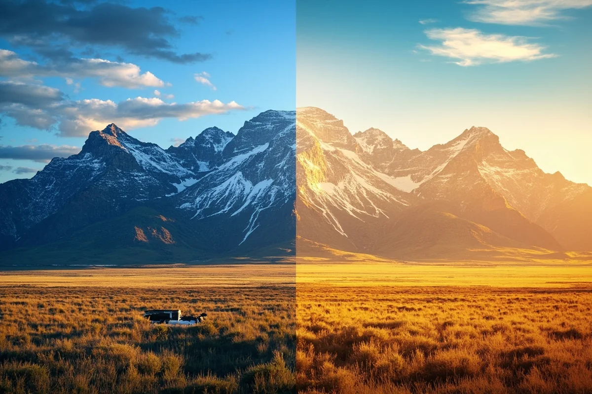 Split view showing Rocky Mountains on one side and Great Plains prairie on the other