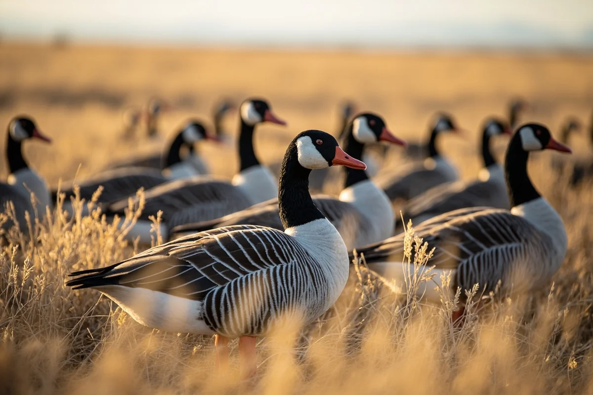 Spread of full-body goose decoys in Montana wheat stubble