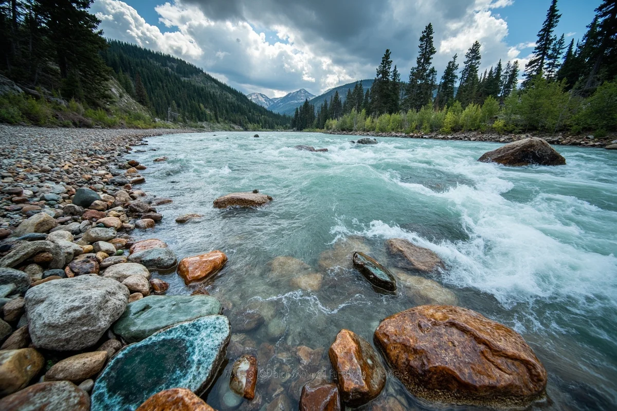 Spring flooding on the Yellowstone River showing the high water that deposits fresh agate-bearing gravels