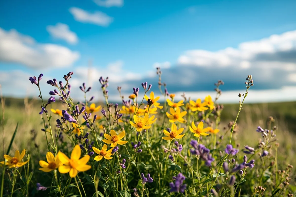 Spring wildflowers blooming in Montana grasslands with blue sky