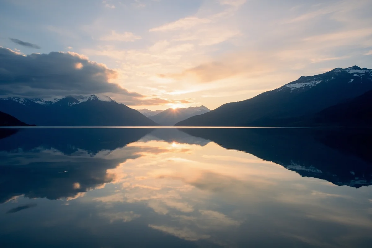 St. Mary Lake at sunrise with mountains reflected in calm water