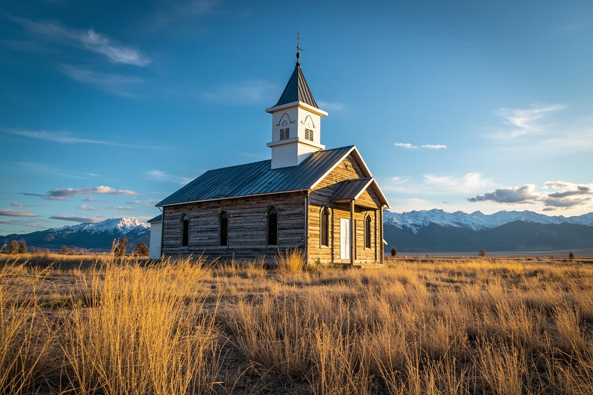 St. Mary's Mission historic chapel in Stevensville with Bitterroot Mountains in background