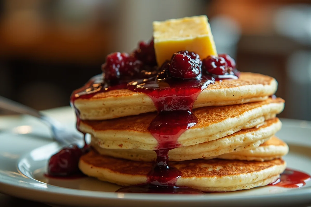 Stack of golden sourdough pancakes with butter and huckleberry syrup