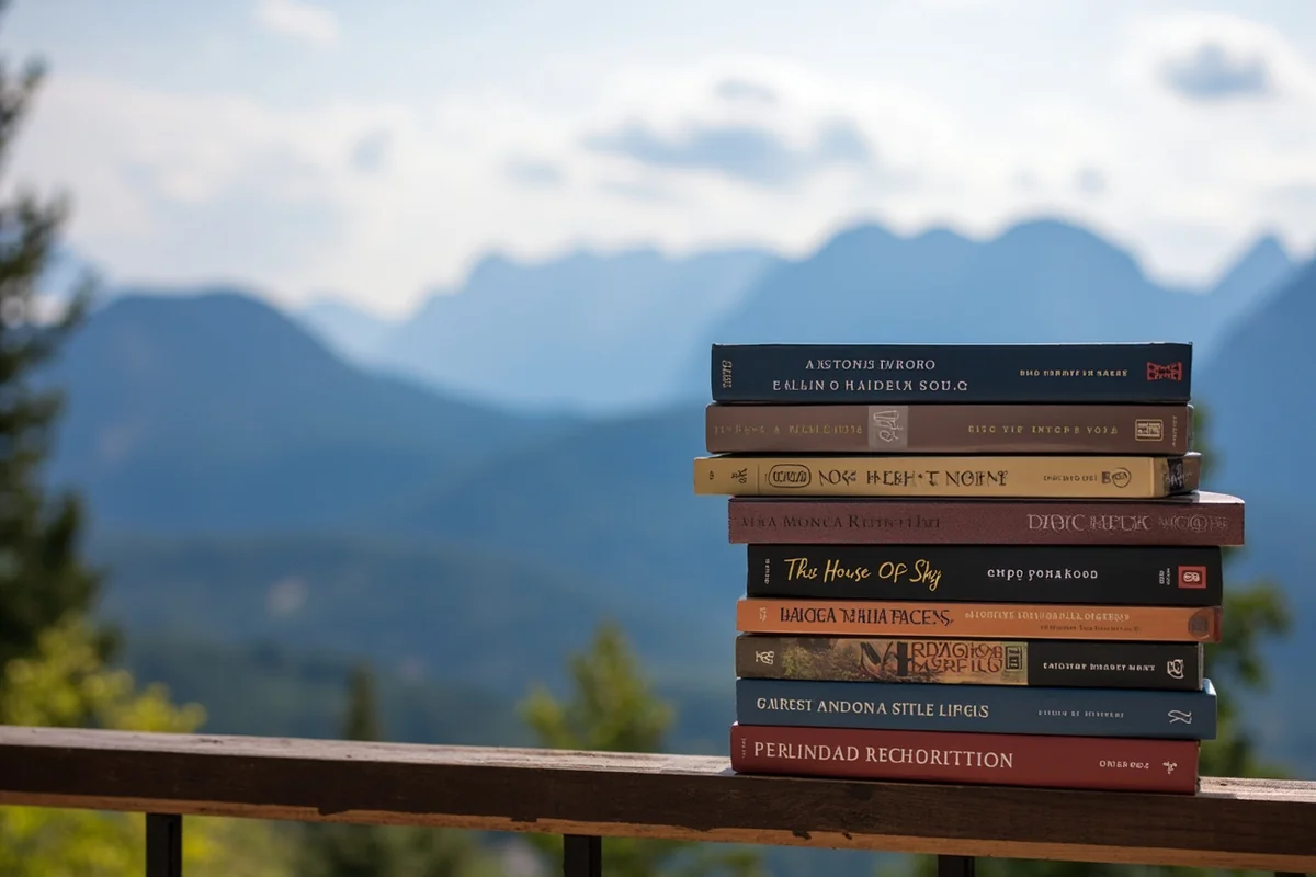 Stack of Montana-themed books with mountain backdrop, including visible titles like A River Runs Through It and This House of Sky