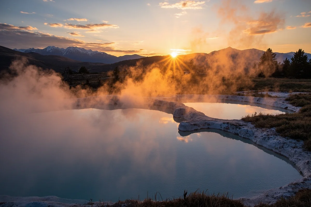Steam rising from Big Medicine Hot Springs pools at sunrise with Montana mountains in background