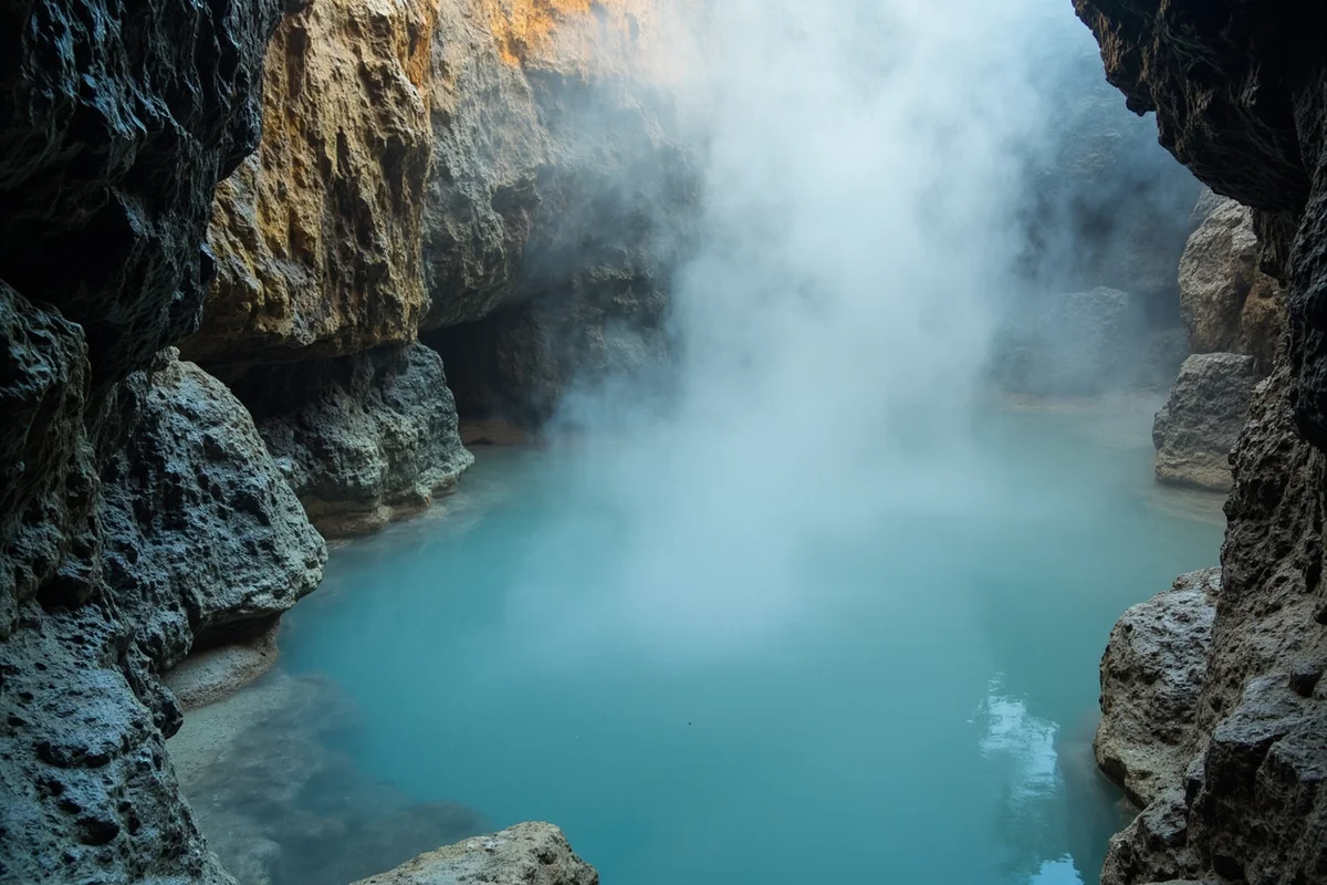 Steam rising from natural hot springs pool surrounded by rocky cave formations