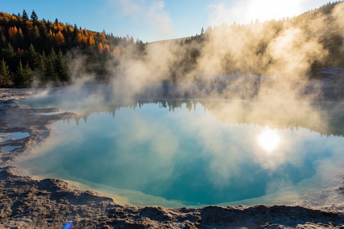 Steam rising from natural hot springs pool with fall-colored trees in background