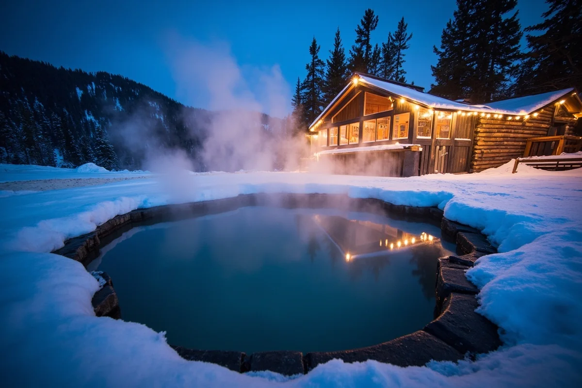 Steam rising from outdoor hot spring pool in snowy Montana setting at night