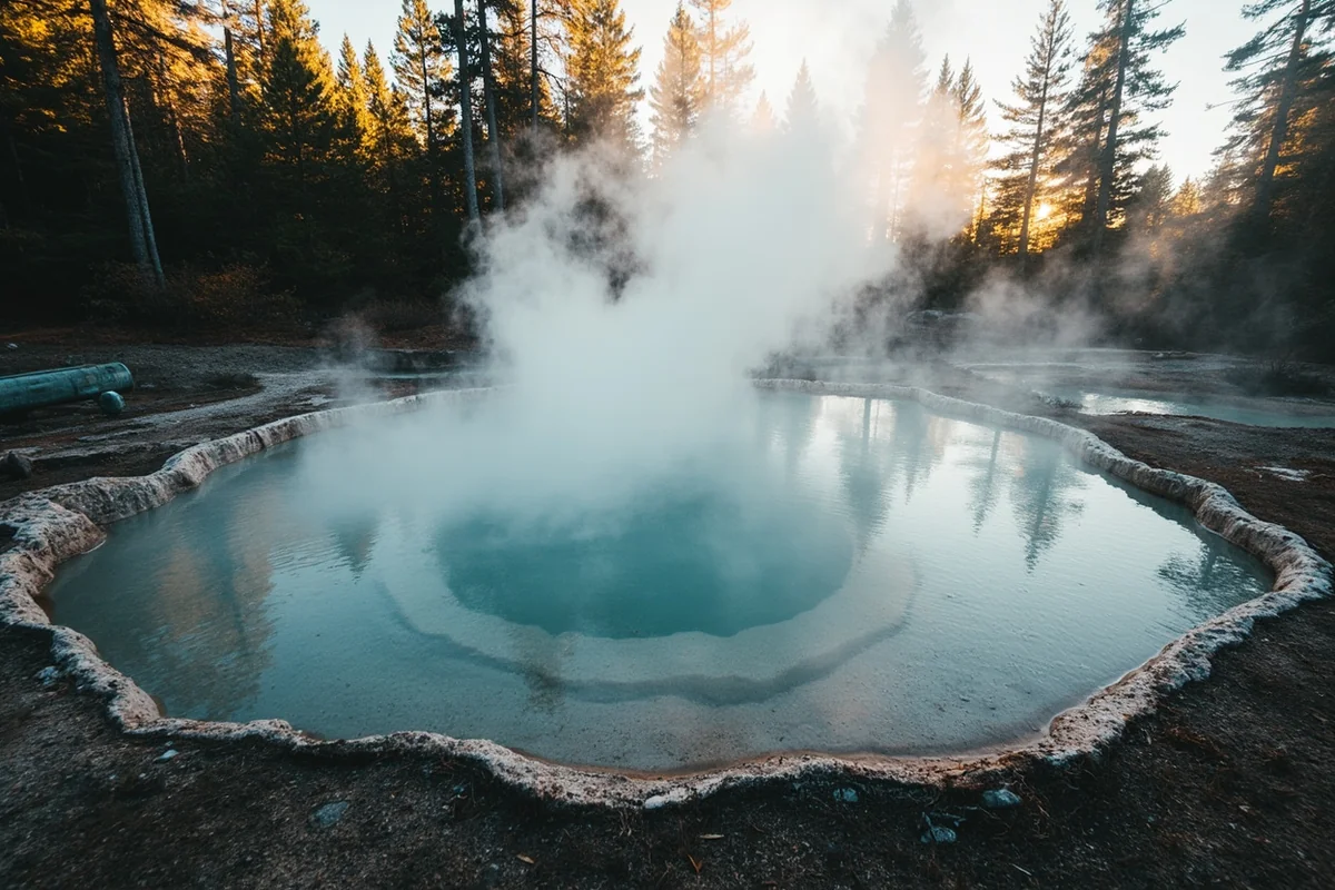 Steam rising from Potosi Hot Springs pool surrounded by forest on a fall morning
