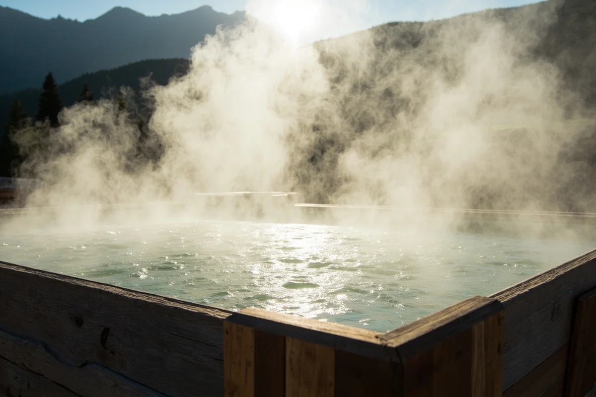 Steam rising from the wooden soaking box at Nimrod Hot Springs with mountain backdrop