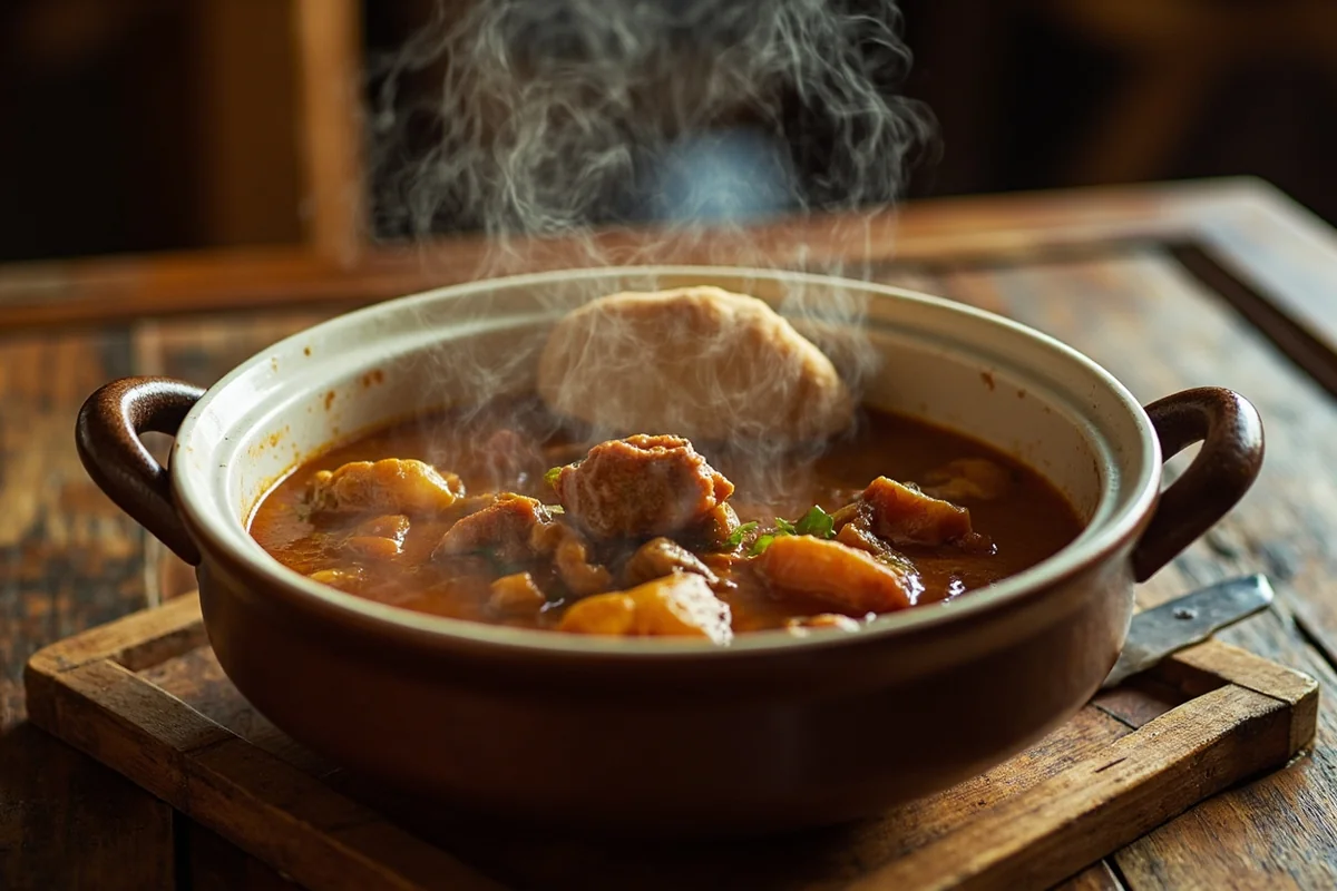 Steaming bowl of traditional bison stew with fry bread on rustic wooden table