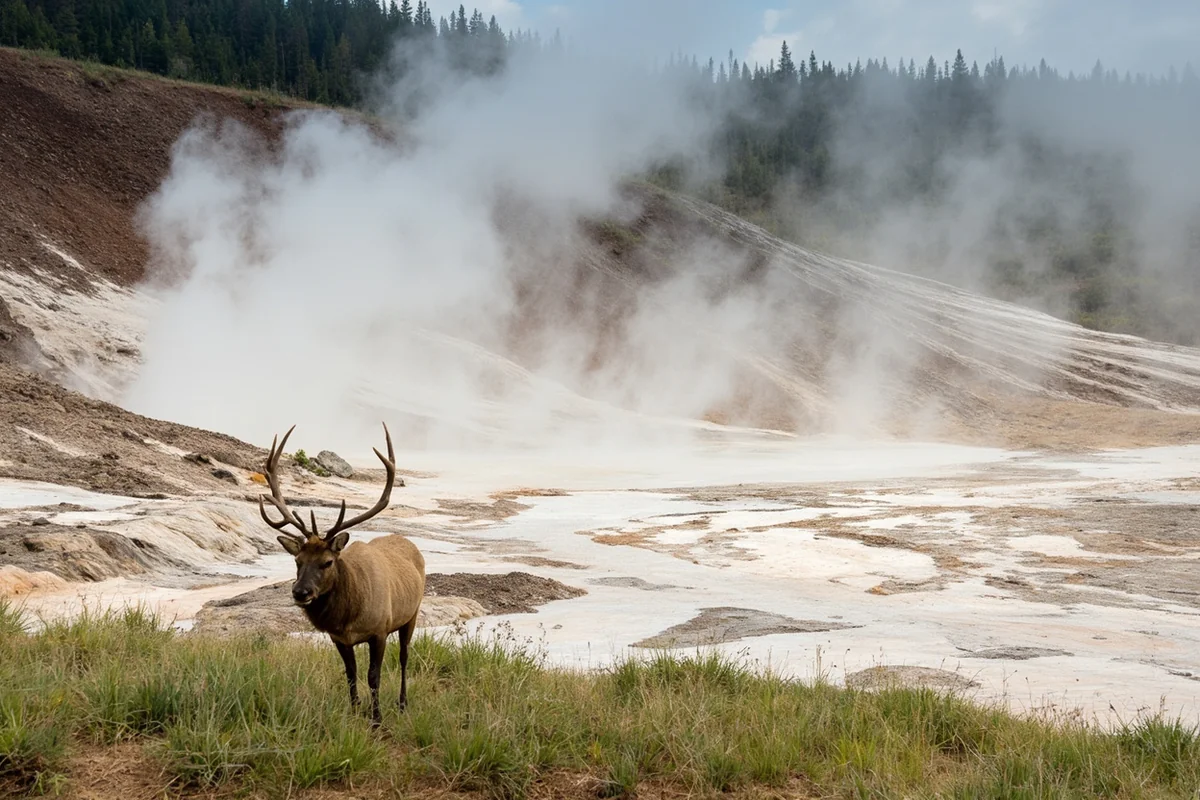 Steaming travertine terraces at Mammoth Hot Springs with elk grazing in foreground