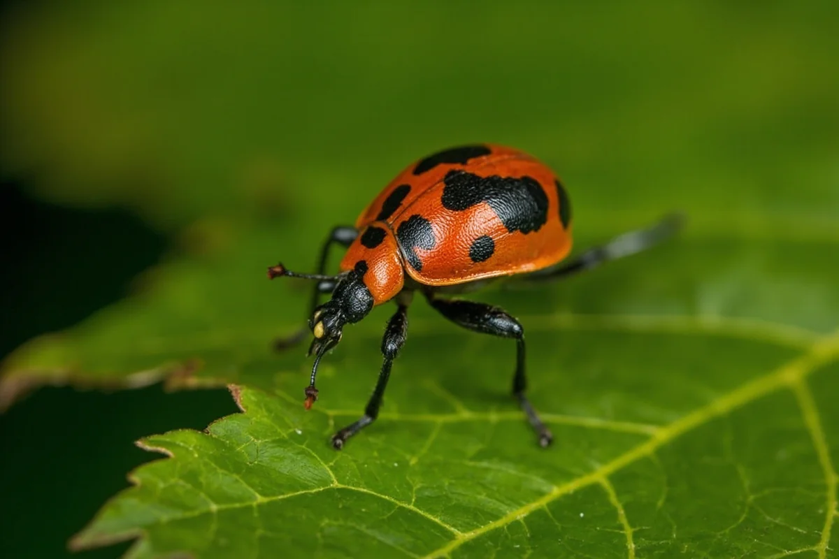 Stink bug defensive posture on a maple leaf, demonstrating the shield-shaped body that protects scent glands