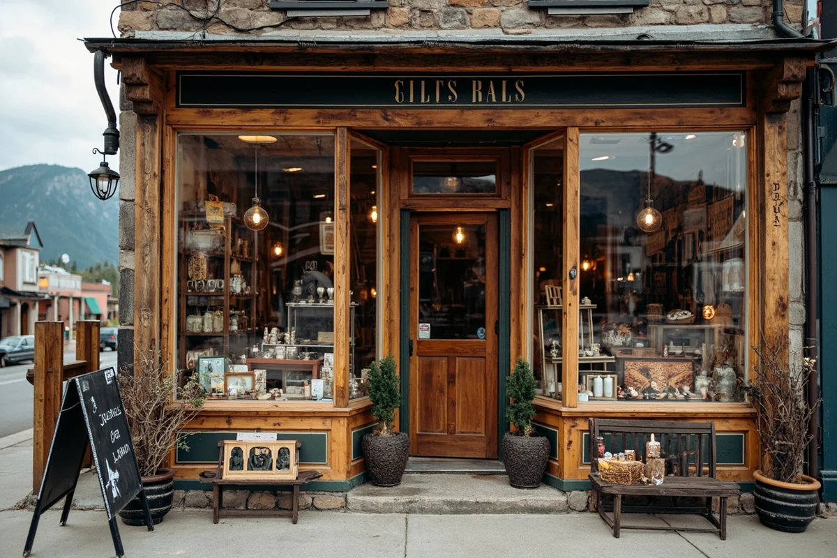Storefront of a rustic Montana small business with handmade goods displayed in windows, mountain backdrop