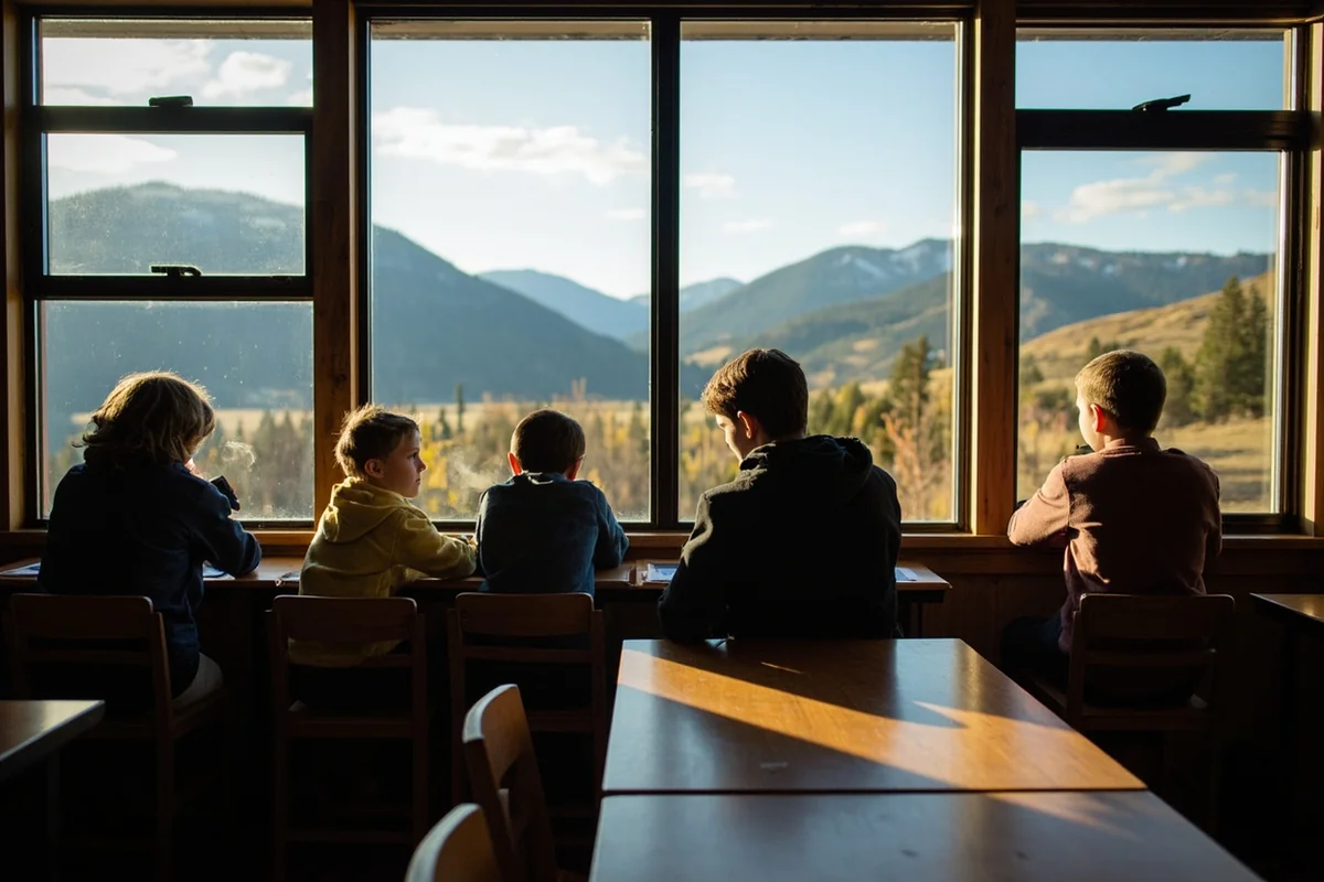 Students in a Montana classroom with large windows overlooking mountain scenery