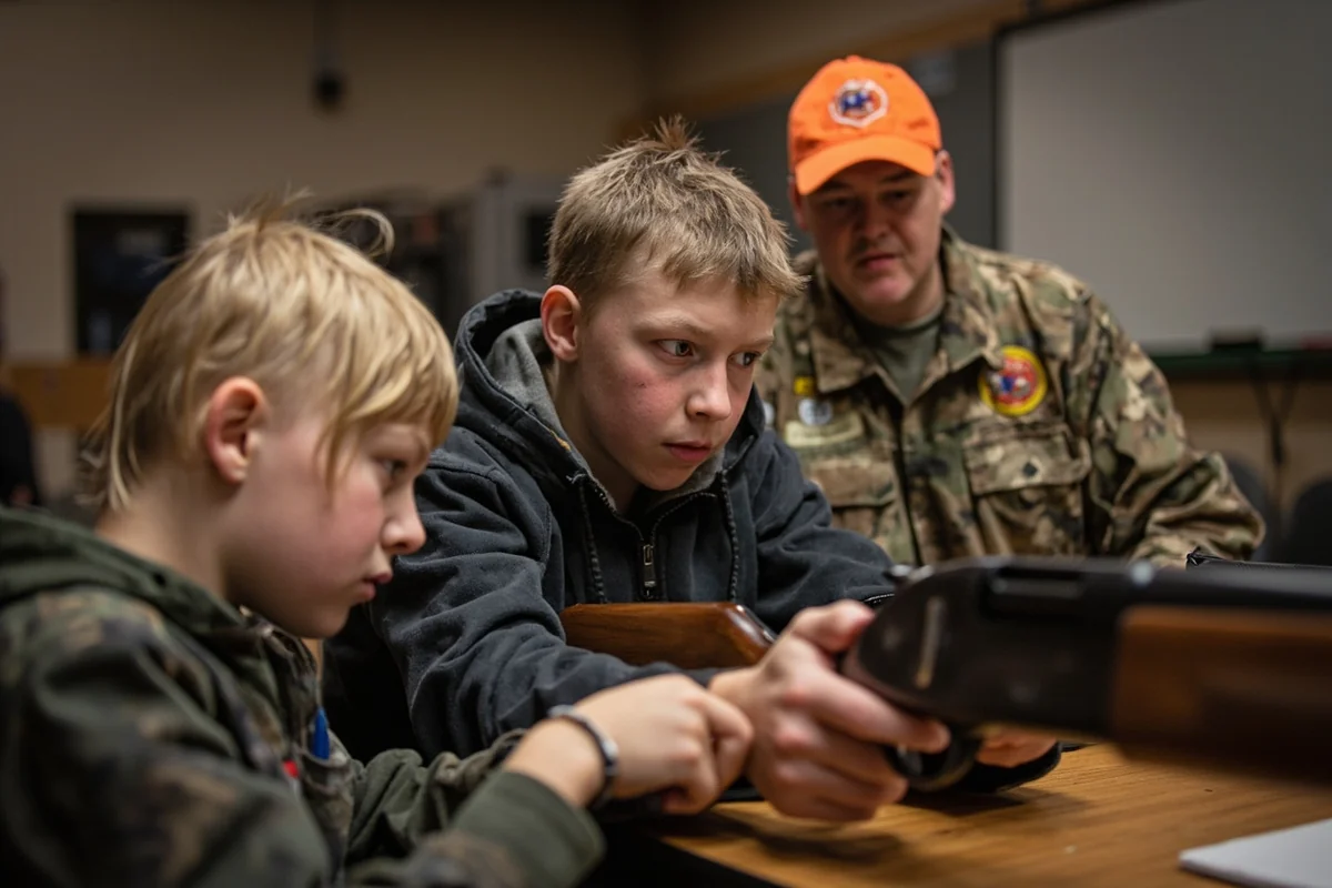Students in a Montana hunter safety classroom handling demonstration firearms with instructor supervision