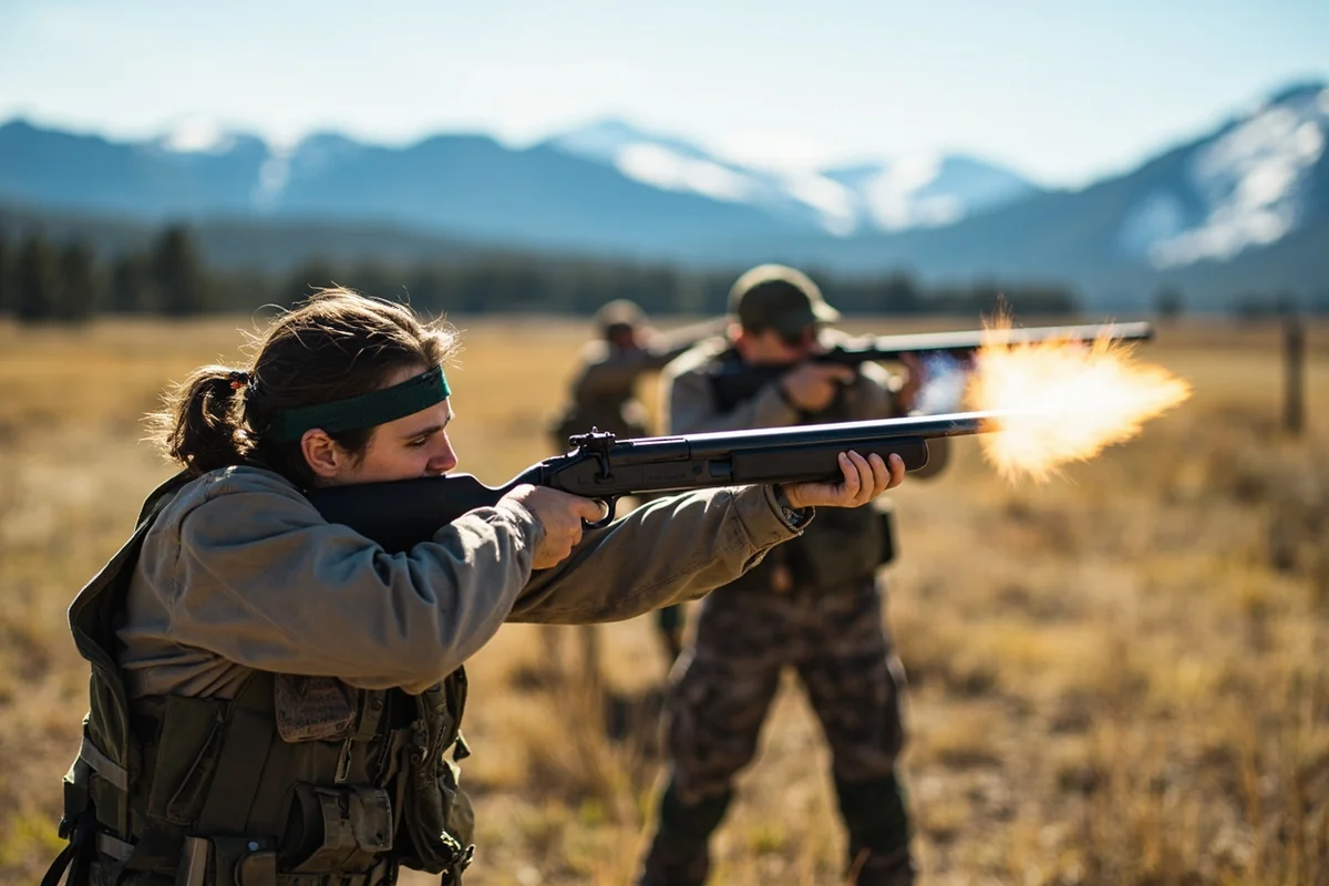 Students participating in live-fire exercises at a Montana hunter safety field day with mountains in background