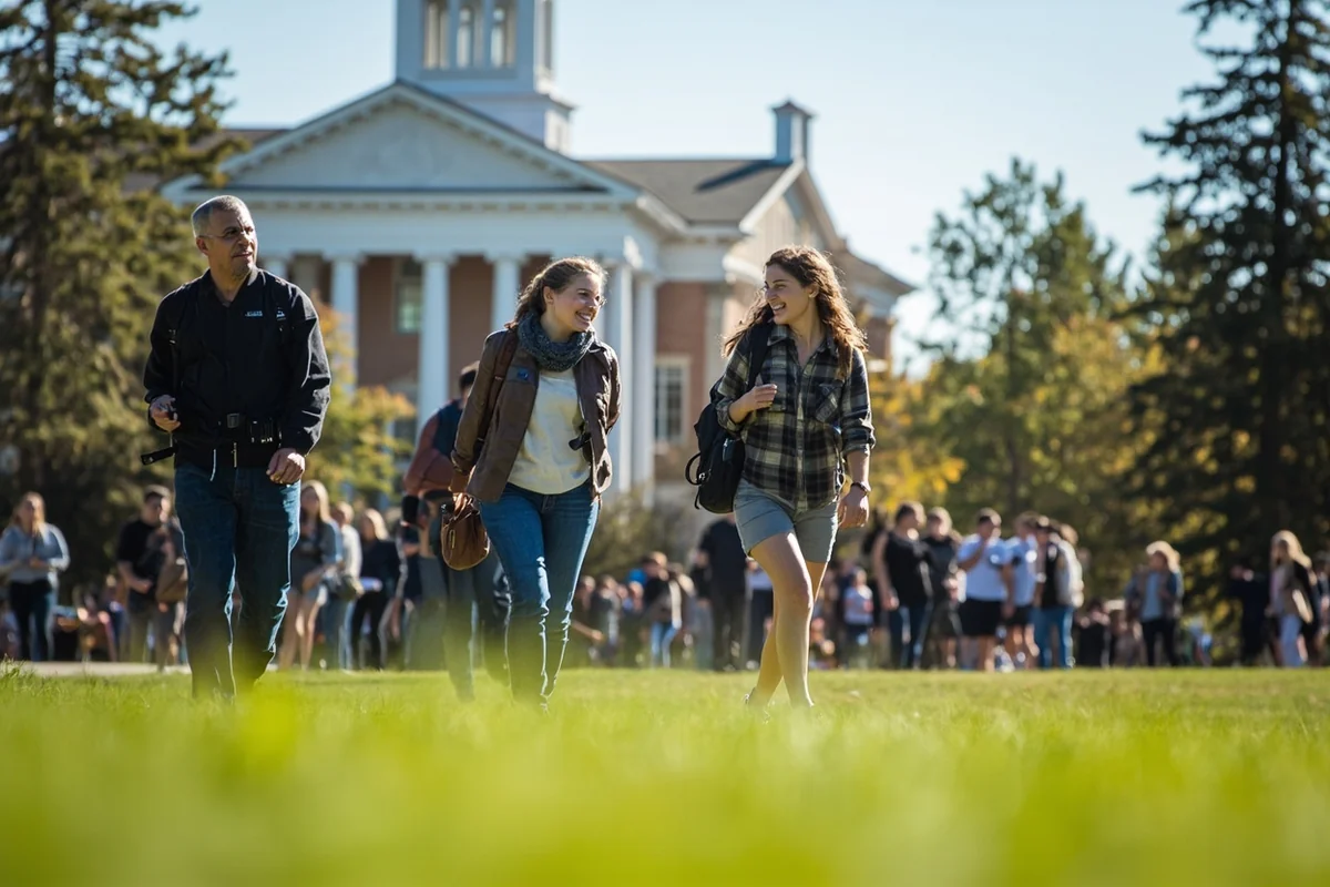 Students walking across the University of Montana oval with Main Hall in the background