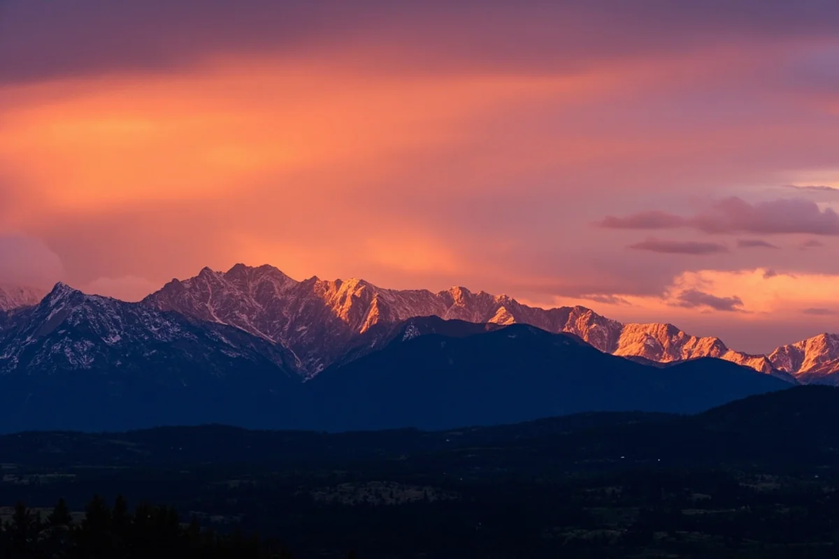Stunning sunset over a Montana mountain range with golden light illuminating the peaks