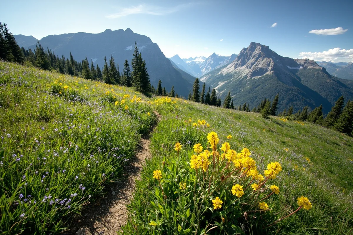 Subalpine meadow along East Fork Trail with wildflowers and mountain backdrop
