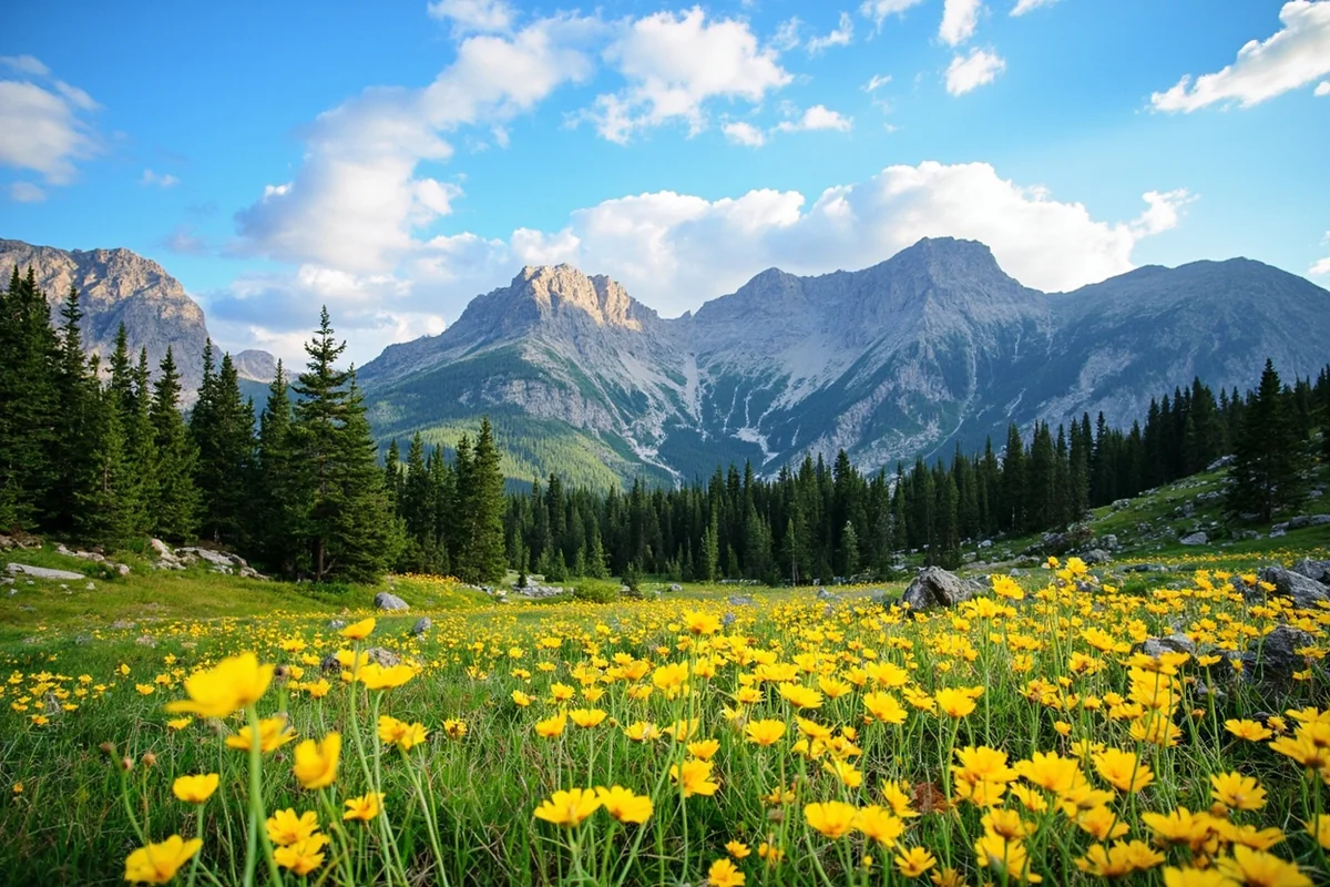 Subalpine meadow with wildflowers and scattered trees in the Beartooth Mountains