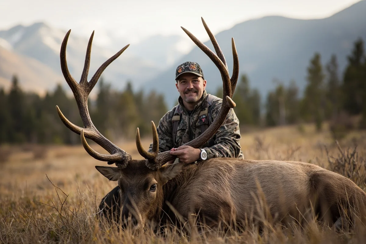 Successful hunter posing with harvested bull elk in Montana mountain setting, genuine candid moment