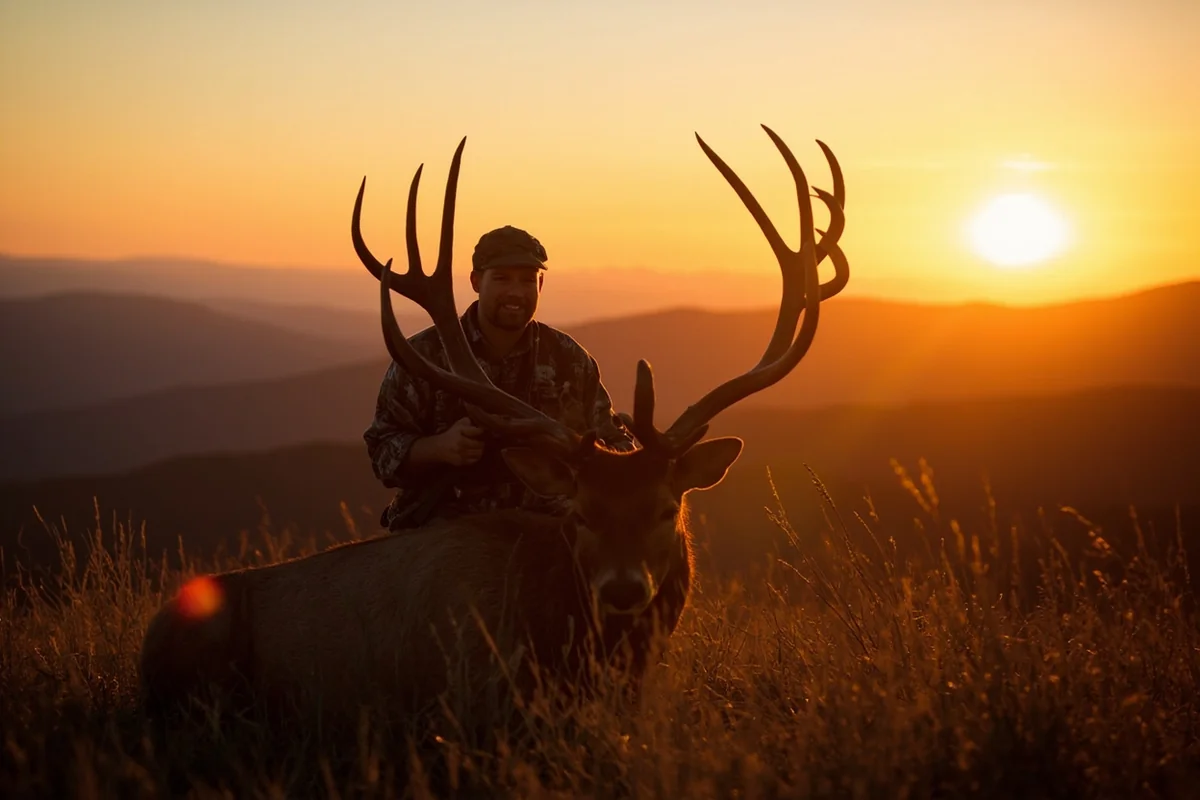 Successful hunter with elk at sunset in Montana mountains