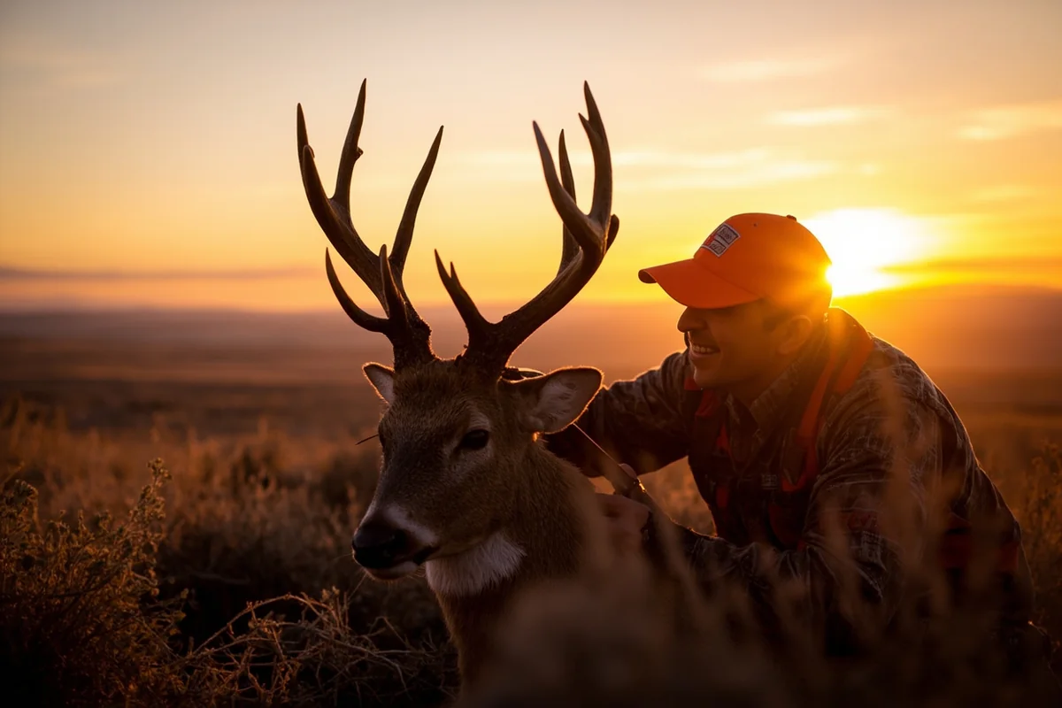 Successful hunter with harvested Montana mule deer buck at sunset in the Missouri Breaks