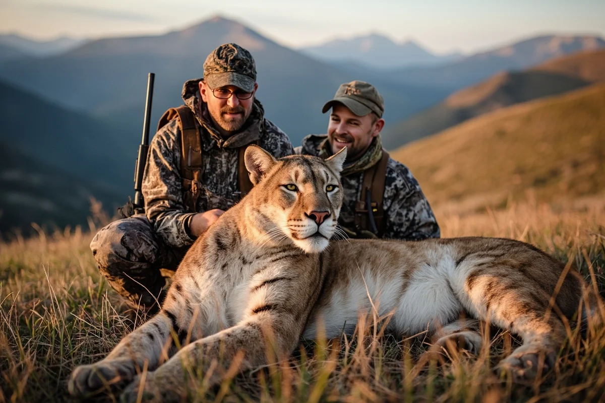Successful hunter with harvested mountain lion and guide in Montana wilderness setting