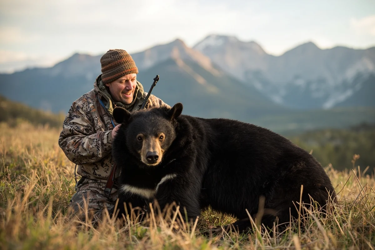 Successful hunter with harvested spring black bear in Montana mountain setting